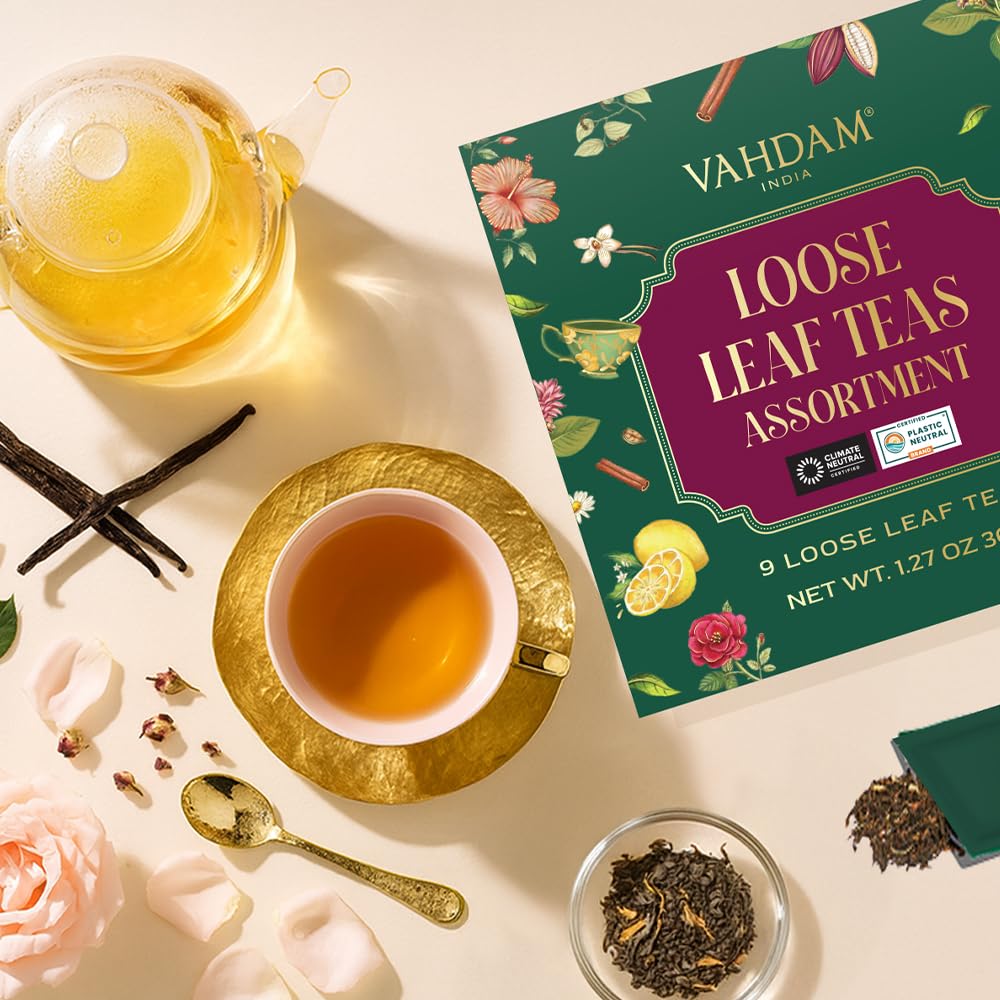 VAHDAM Top 9 Exotic Loose Leaf Tea Sampler (18+ cups) | Floral & Fruity Blends with Delicious Taste | Hot & Iced | Perfect for Gifting & Regular Consumption