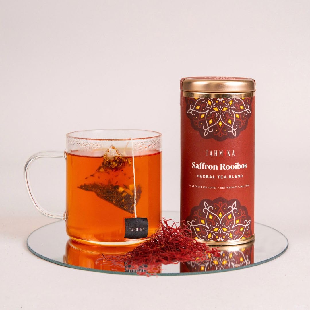 Tahmina Saffron Rooibos Caffeine Free Tea: South African Herbal Blend with Saffron, 12 Biodegradable Pyramid Tea Bags, Makes 36 Cups of Tea (1 Pack)
