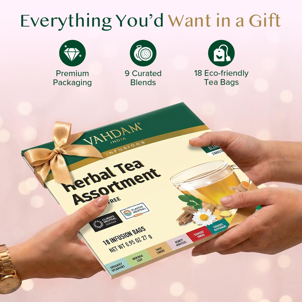 VAHDAM, Assorted Herbal Tea Sampler (18 Tea Bags, 9 Flavors) Caffeine-Free, Non-GMO | Double Infusion, Individually Enveloped Tea Bags | Herbal Tea Assortment | Mother’s Day Tea Gift for Mom