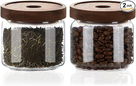 Glass Jars with Airtight Wood Lids - 12 oz Mini Kitchen Pantry Storage Containers, Stackable Decorative Canisters for Chia Seed, Sugar, Tea, Spice, Salt, Matcha, Nuts, Sauce, Cocoa powder, Set of 2
