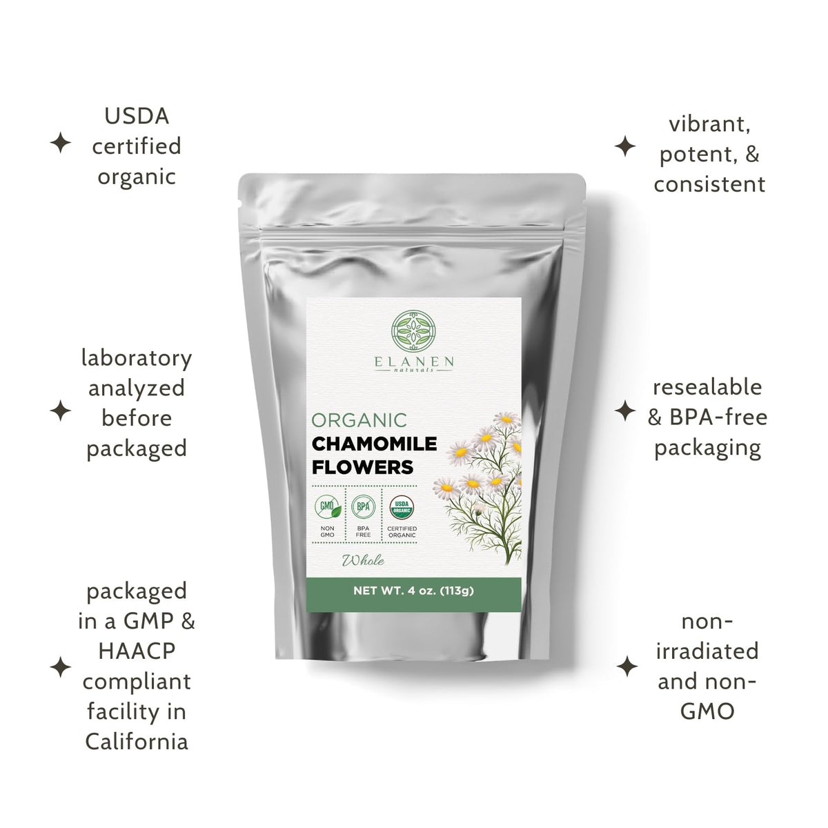 Elanen Naturals Organic Chamomile Flowers 4 oz. (113g), USDA Certified Organic Camomile Manzanilla Tea Loose Leaf, German