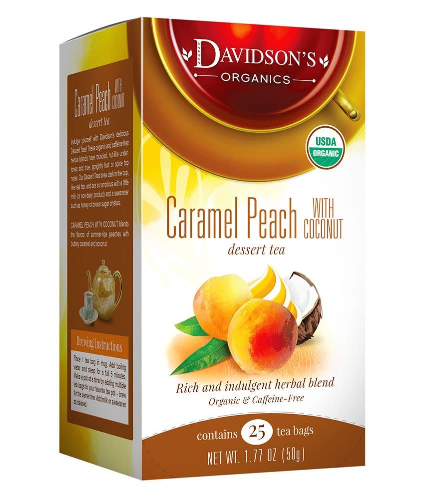 Davidson's Organics, Caramel Peach with Coconut, 25-count Tea Bags, Pack of 6