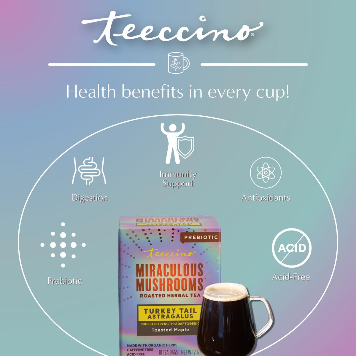 Teeccino Turkey Tail Astragalus - Toasted Maple - Caffeine Free Mushroom Adaptogenic Herbal Tea, 3x More Herbs than Regular