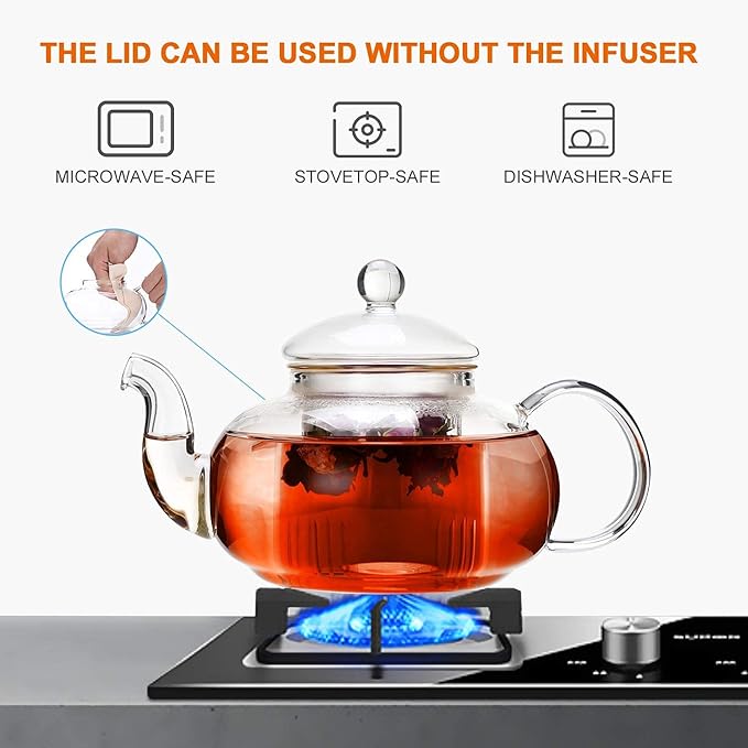 Cnglass Glass Teapot Stovetop Safe,Clear Teapot with Removable Infuser 20.3 oz,Loose Leaf and Blooming Tea Maker