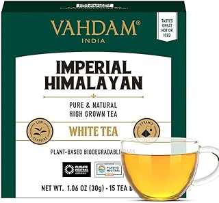 VAHDAM, Imperial Himalayan White Tea Bags (15 Count) Low Caffeine, Non GMO, Gluten Free | Handpicked Harvest From High Elevation Estates | Individually Wrapped Pyramid Tea Bags | Direct from Source