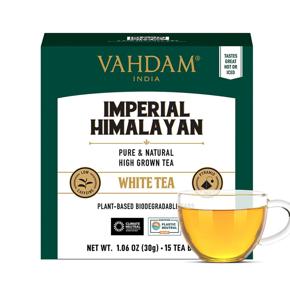 VAHDAM, Imperial Himalayan White Tea Bags (15 Count) Low Caffeine, Non GMO, Gluten Free, Handpicked Harvest From High Elevation Estates