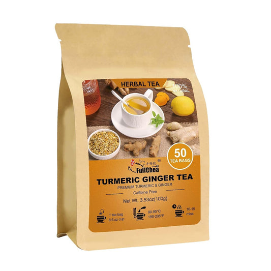 FullChea - Turmeric Ginger Tea Bags, 50 Count Dried Herbal Blend | Pure turmeric ginger herbal tea with natural plant antioxidants, Non-GMO caffeine-free, easy to brew hot daily