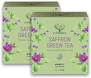 Eupherbia Saffron Green Tea, Handpicked, Highland Grown Whole Leaf Tea, Enriched with Premium Saffron Threads, Herbaceous, Grassy, Bittersweet, Individually Wrapped Tea Sachets (2 Pack)