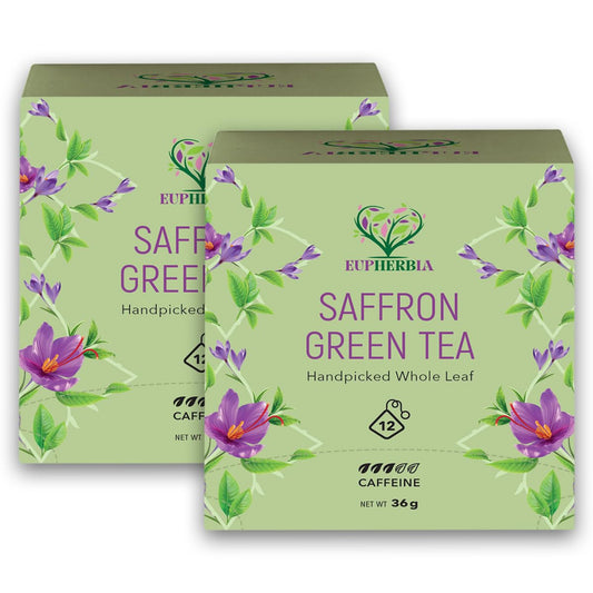 Eupherbia Saffron Green Tea, Handpicked, Highland Grown Whole Leaf Tea, Enriched with Premium Saffron Threads, Herbaceous, Grassy, Bittersweet, Individually Wrapped Tea Sachets (2 Pack)