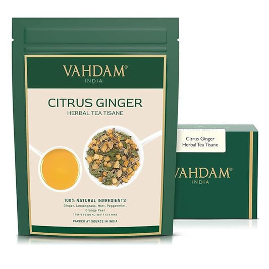 VAHDAM, Citrus Ginger Herbal Tea Tisane (50 Cups, 3.53 oz) Gluten Free, Non GMO | Ginger, Lemongrass, Orange Peels, Mint | Herbal Tea Loose Leaf | Vacuum Sealed Pack