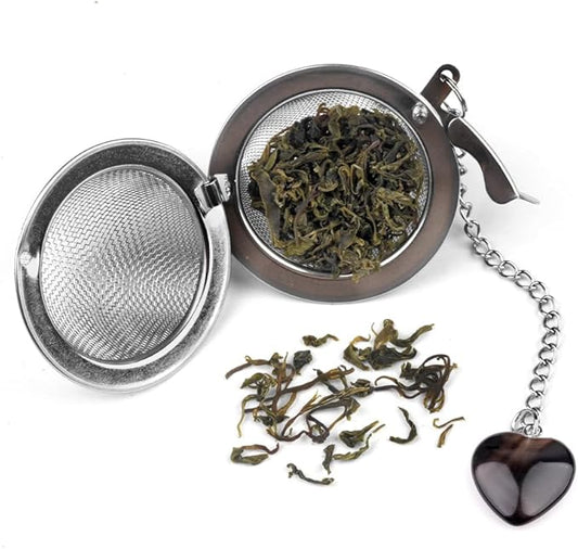 5 Pcs Tea Filter Stainless Steel with Heart Crystal Energy Stone Tea Strainers with Fine Mesh Extend Chain Hook Tea Ball Infuser for Loose Tea Leaves