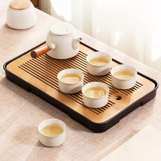 14 Inch Bamboo Chinese Gongfu Tea Tray Table Box with Water Storage for Kungfu Tea Set (Style 5 Black)