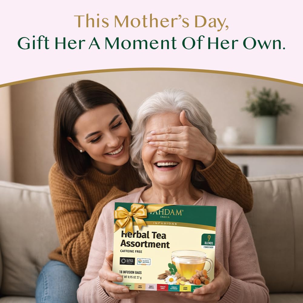 VAHDAM, Assorted Herbal Tea Sampler (18 Tea Bags, 9 Flavors) Caffeine-Free, Non-GMO | Double Infusion, Individually Enveloped Tea Bags | Herbal Tea Assortment | Mother’s Day Tea Gift for Mom