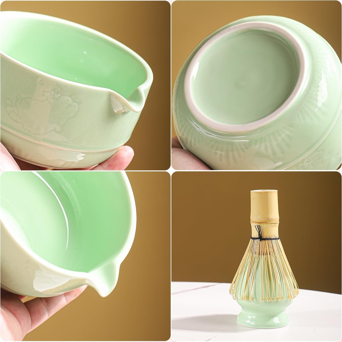 Matcha Tea Set, 5-Piece Ceramic Matcha Bowl &amp; Whisk Kit with Cute Cat Pattern, Traditional Japanese Chawan, Scoop &amp; Sifter, Perfect for Tea Ceremony, Gift for &amp; Tea Lovers (green)