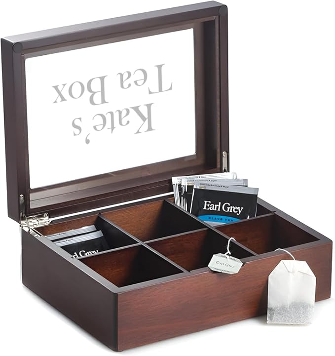 Bey-Berk Custom Engraved Mahogany Tea Storage Chest with Glass Lid – 6-Compartment Box for Tea Bags & Accessories