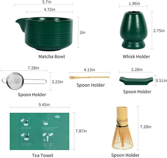 Dark Green Matcha Set,Matcha Whisk Set with Holder, Stainless Sifter & Scoop, Tea Towel,Traditional matcha making set,green tea ceremony,7Pcs