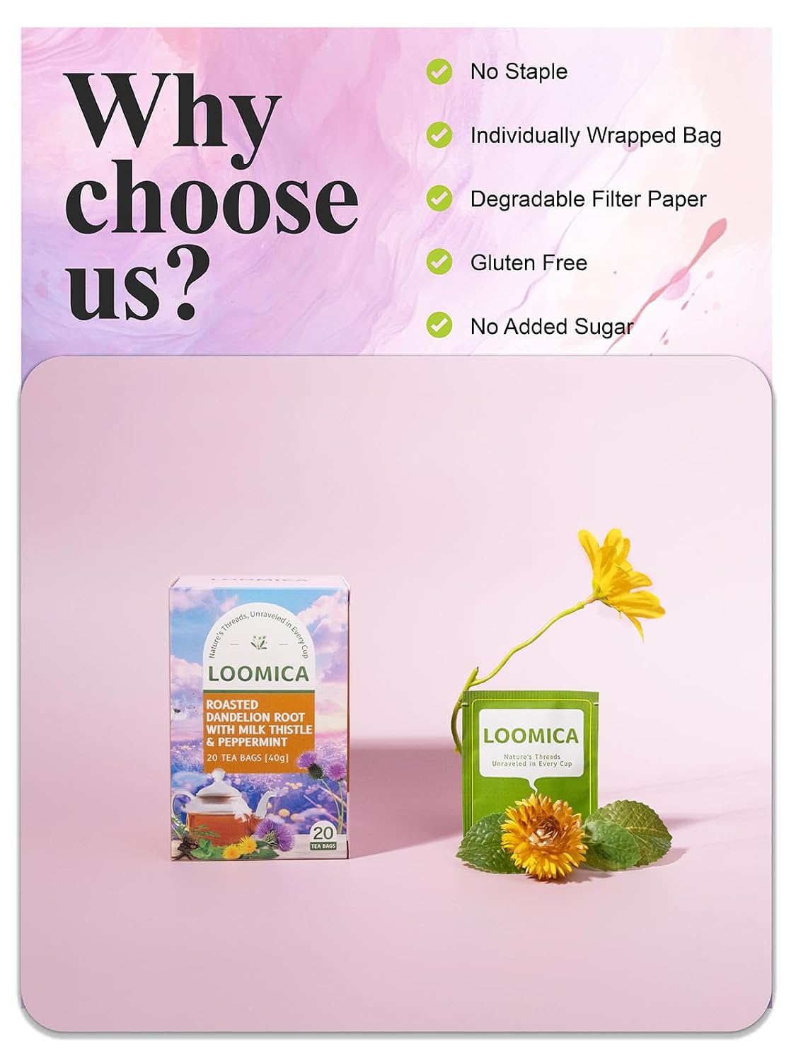 LOOMICA Roasted Dandelion Root with Milk Thistle &amp; Peppermint Tea, 20 Ct | Caffeine-Free, Toasted Nutty Flavor, Coffee Alternative, Bold &amp; Smooth, Individually Wrapped, Daily Herbal Tea