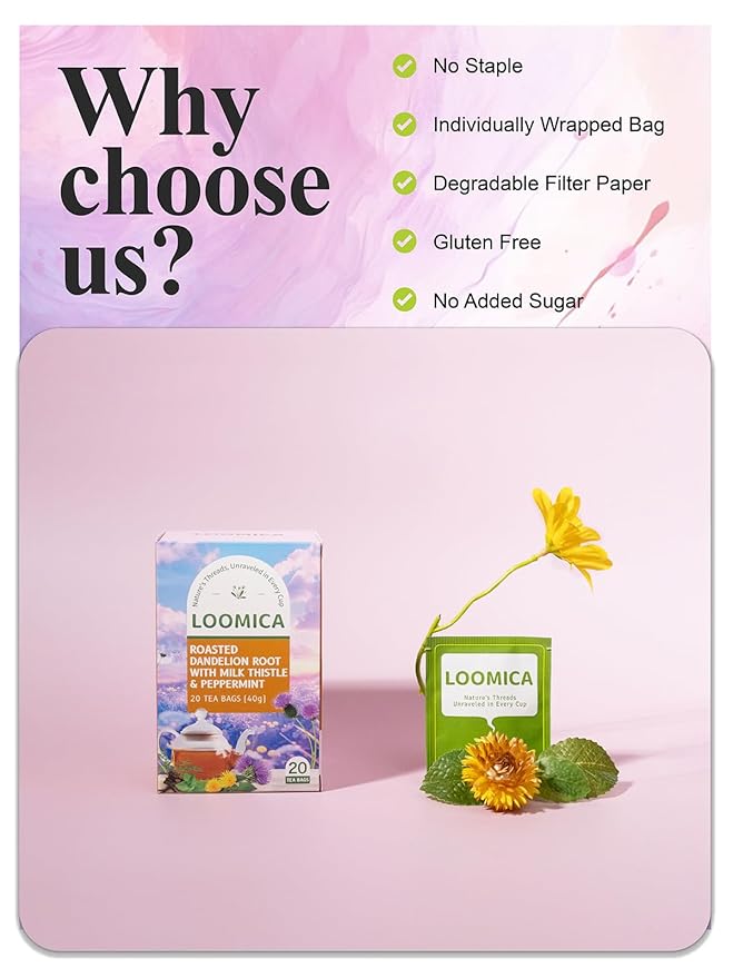 LOOMICA Roasted Dandelion Root with Milk Thistle & Peppermint, Caffeine Free, with Toasted Nutty Flavor, Wellness Support Herbal Blend, Coffee Alternative, Bold & Smooth, 20 Counts