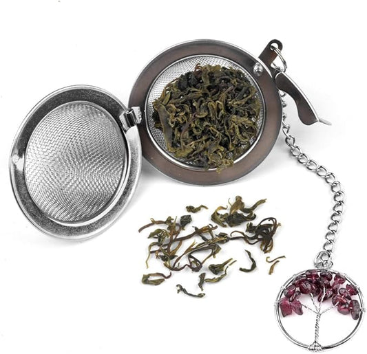 5 Pcs Tea Filter Stainless Steel with Life Tree Crystal Energy Stone Tea Strainers with Fine Mesh Extend Chain Hook Tea Ball Infuser for Loose Tea