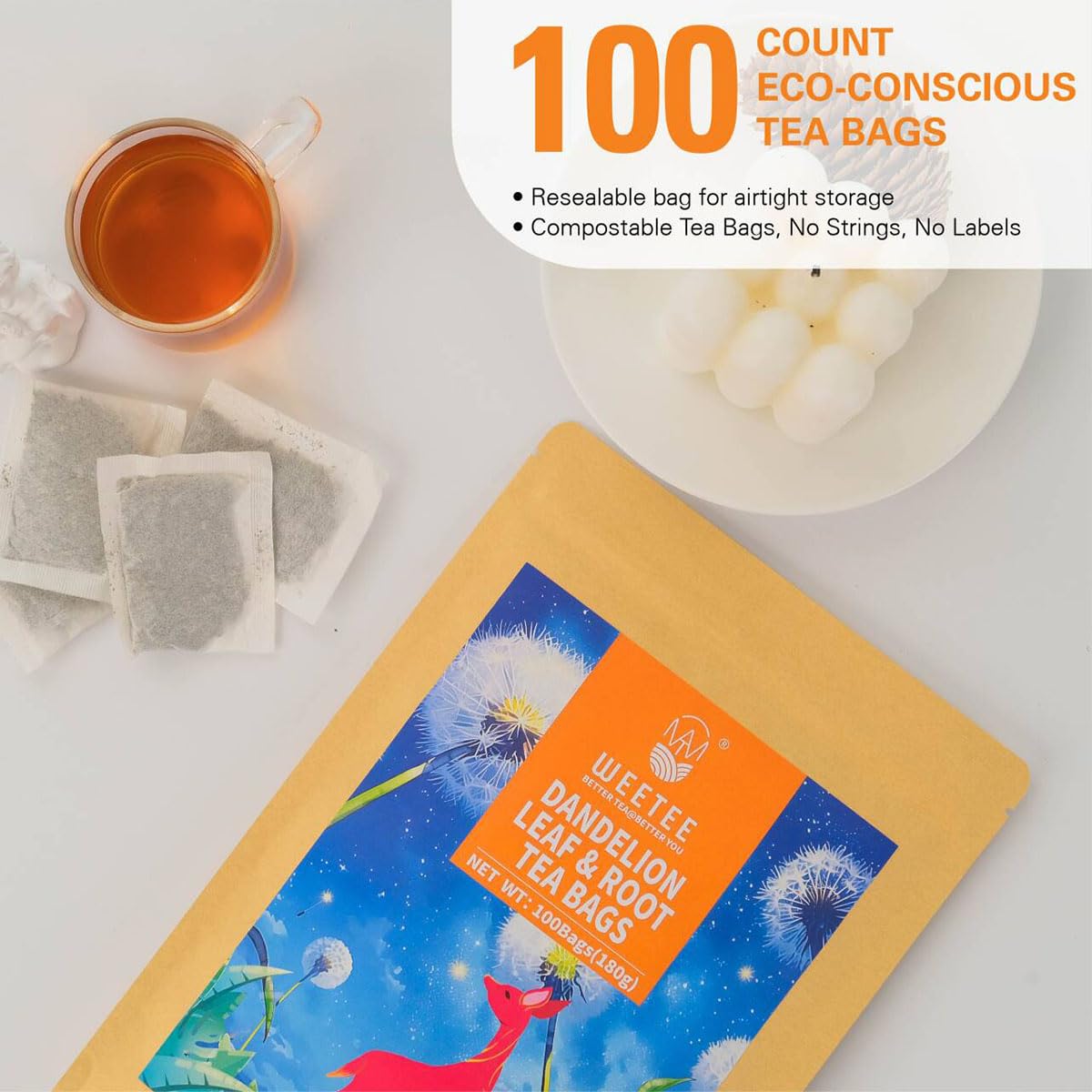 WT WEETEE Dandelion Leaf &amp; Root Tea Bags 100ct, Caffeine-free Roasted Aroma