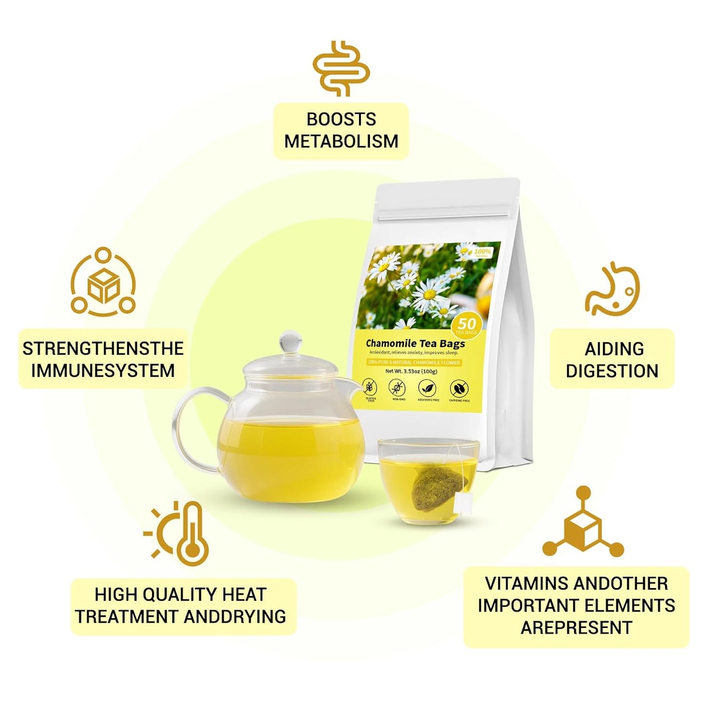 Chamomile Tea Bags, Chamomile Flower Herbal Tea, 50 Teabags, Calming, Supports Healthy Digestion, Caffeine-Free, Sugar-Free,(1 Pack/50 Bags)