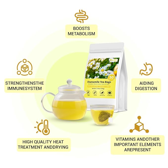 Chamomile Tea Bags, 100% Pure Natural Chamomile Flower Herbal Tea for Relaxation, Caffeine Free, Non-GMO, Additives Free