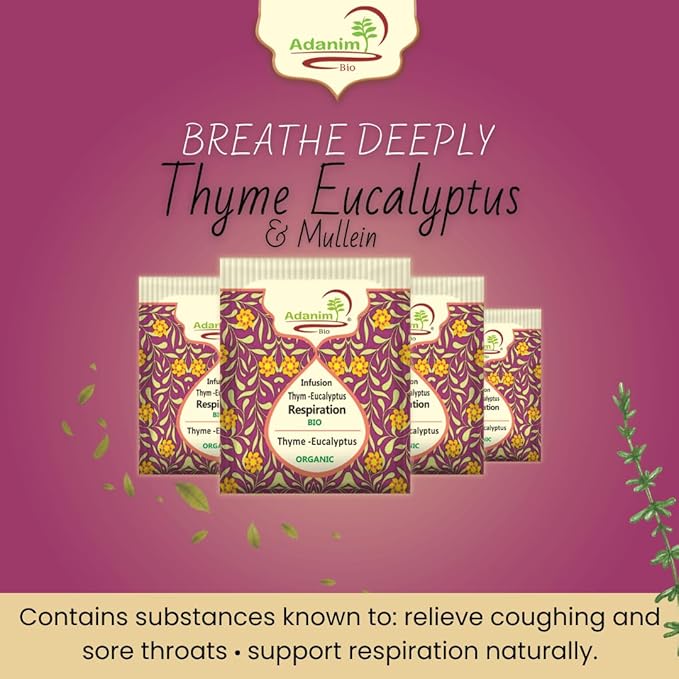 Adanim Bio Ayurvedic Herbal Tea Breathe Deeply Thyme Eucalyptus Mullein Tea USDA Organic Antioxidant Rich Healthy Herbal Tea Wellness 20 Tea Bags