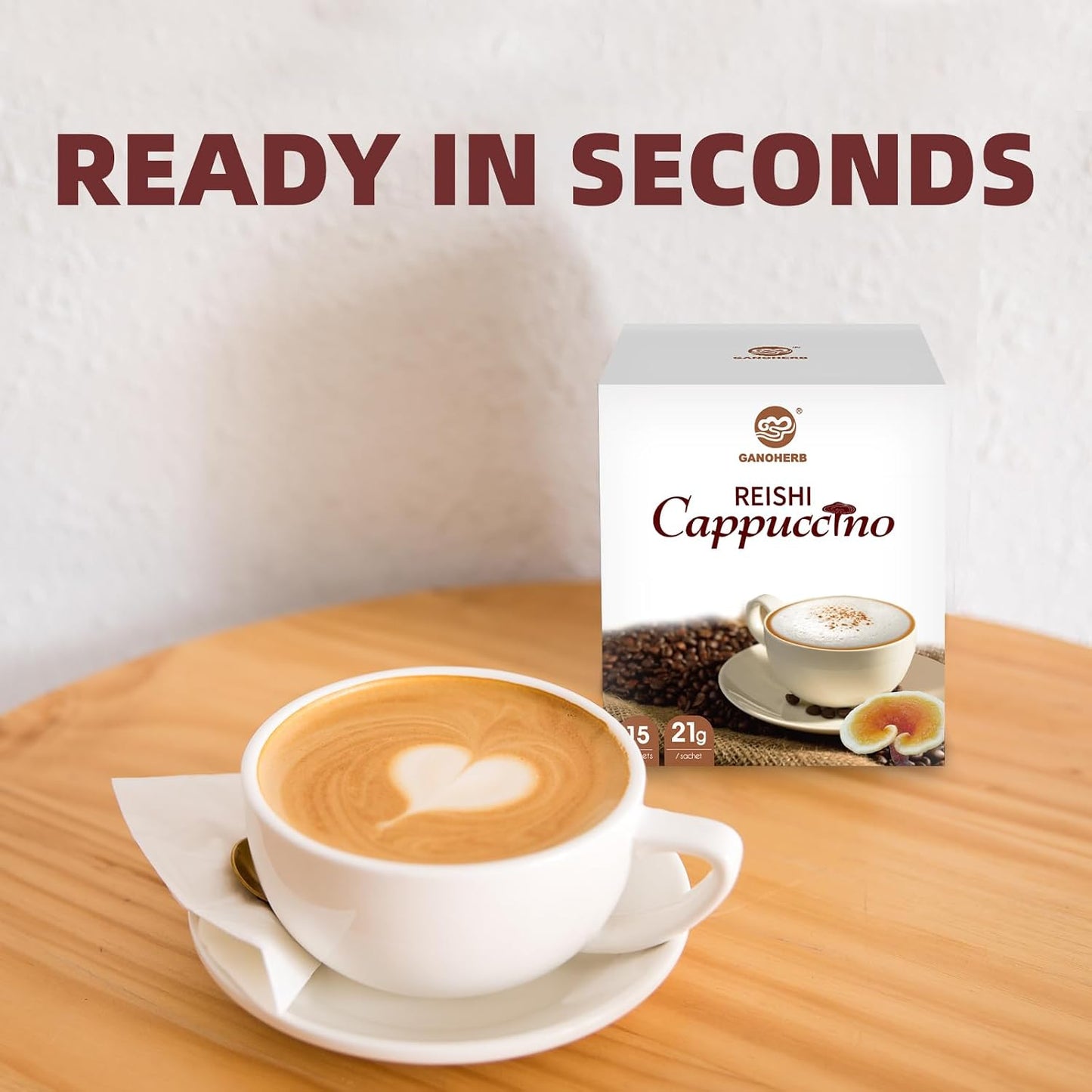 GANOHERB Mushroom Coffee Alternative Cappuccino Mix, Instant Superfood Coffee Drink with Reishi Mushroom Extract for Stress Relief, Immune Support, Smooth and Tasty, 11.1oz, 15 Count