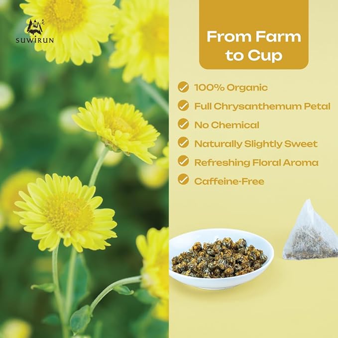 Suwirun Organic Chrysanthemum Tea 25 Bags – 100% Chrysanthemum Flowers – Naturally Caffeine-Free, Sweet Floral Aroma – Supports Relaxation & Wellness