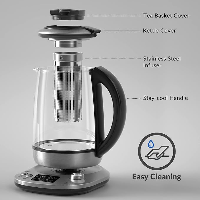 Mecity Electric Tea Kettle with Removable Infuser, 9 Preset Brewing Programs, Temperature Control, 2 Hours Keep Warm, Borosilicate Glass, 1.7 Liter