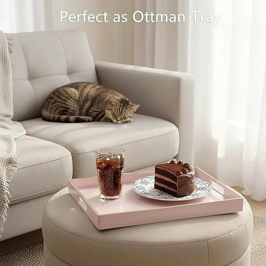 Zosenley Decorative Plastic Serving Tray with Handles, Modern Vanity Organizer for Bathroom, Kitchen, Ottoman and Coffee Table (Pink, Rectangular)