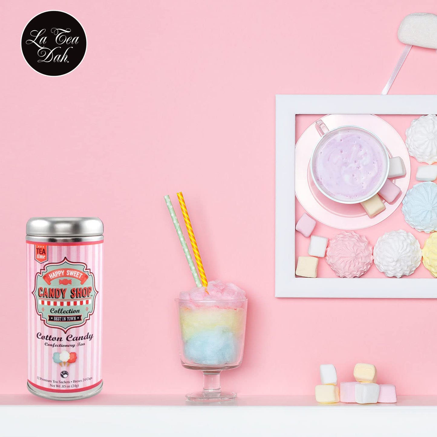 Cotton Candy Tea by La Tea Dah, Lightly Caffeinated Oolong Tea Flavored with Hibiscus, Raspberry, Cranberry, & Apple, Fragrant, Fruity Hibiscus Tea Bags, Dessert Tea (12 Sachets)