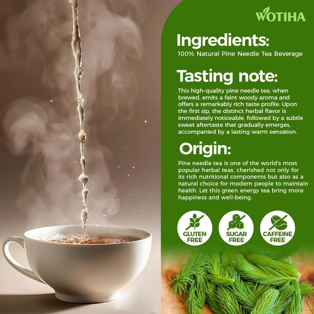 WOTIHA 80 Count Premium Wild-Harvested Pine Needle Tea Bags - 100% Natural White Pine Needles, Antioxidant &amp; Immune Support, Aromatic &amp; Soothing, Caffeine-Free, Additive-Free, Vegan.Non-GMO