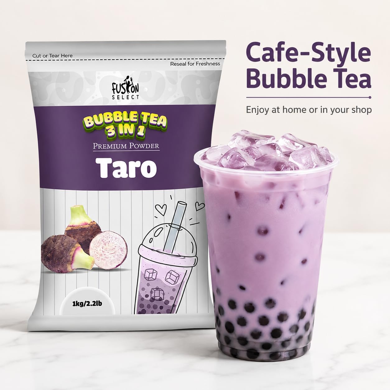 Fusion Select 2.2lb Taro Milk Tea Powder - Instant 3-in-1 Drink Mix with Cream & Sugar for Hot or Cold Blends or Frappes