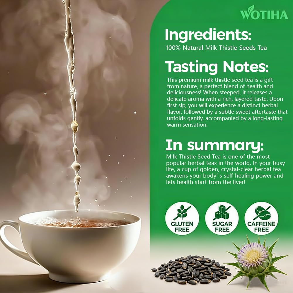 WOTIHA 60 Count Premium Milk Thistle Tea Bags - 100% Natural Milk Thistle Seed, Liver Support, Caffeine-Free, Additive-Free, Non-GMO
