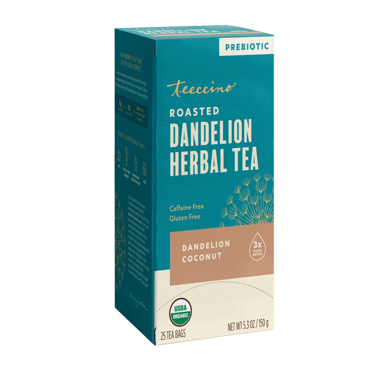 Teeccino Dandelion Coconut Tea - Caffeine Free, Roasted Herbal Tea with Prebiotics, 3x More Herbs than Regular Tea Bags, Gluten Free - 25 Tea Bags