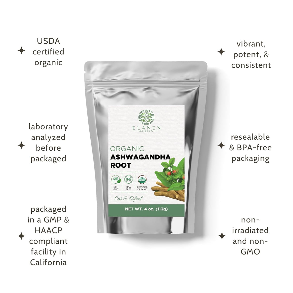 Elanen Naturals Organic Ashwagandha Root 4 oz. (113g), USDA Certified Organic Ashwagandha Root Loose Leaf Tea, Dried Withania