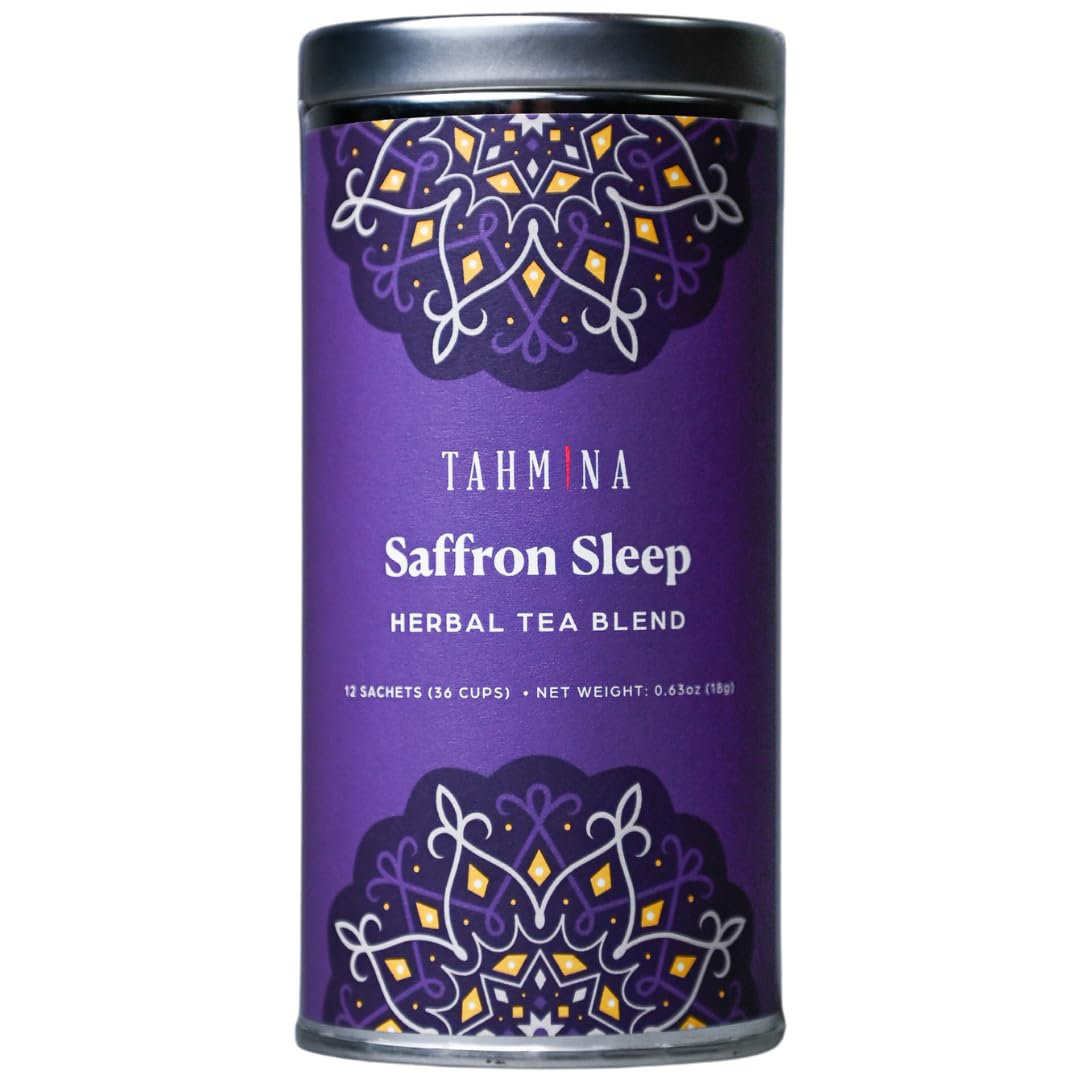 Tahmina Saffron Sleep Caffeine Free Tea: Soothing Chamomile and Lavender with Saffron, 12 Plastic-Free Pyramid Tea Bags, Makes 36 Cups of Tea (1 Pack)