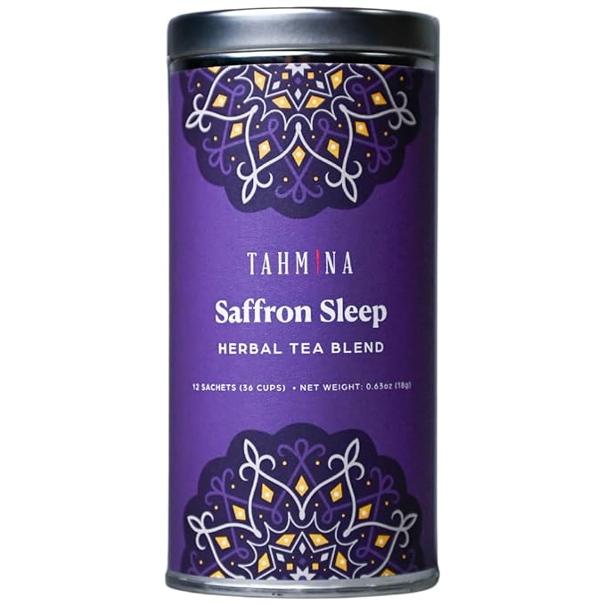 Tahmina Saffron Sleep Caffeine Free Tea: Soothing Chamomile and Lavender with Afghan Saffron, 12 Biodegradable Pyramid Tea Bags, Makes 36 Cups of Tea (1 Pack)