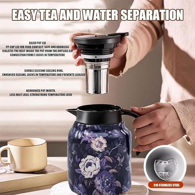 Vintage Floral Pattern Teapot – Built-In Infuser, 800ML/1000ML Heatproof Stainless Steel Teapot with Lid for Hot Drinks (Green, 1000ml-Plastic handle)