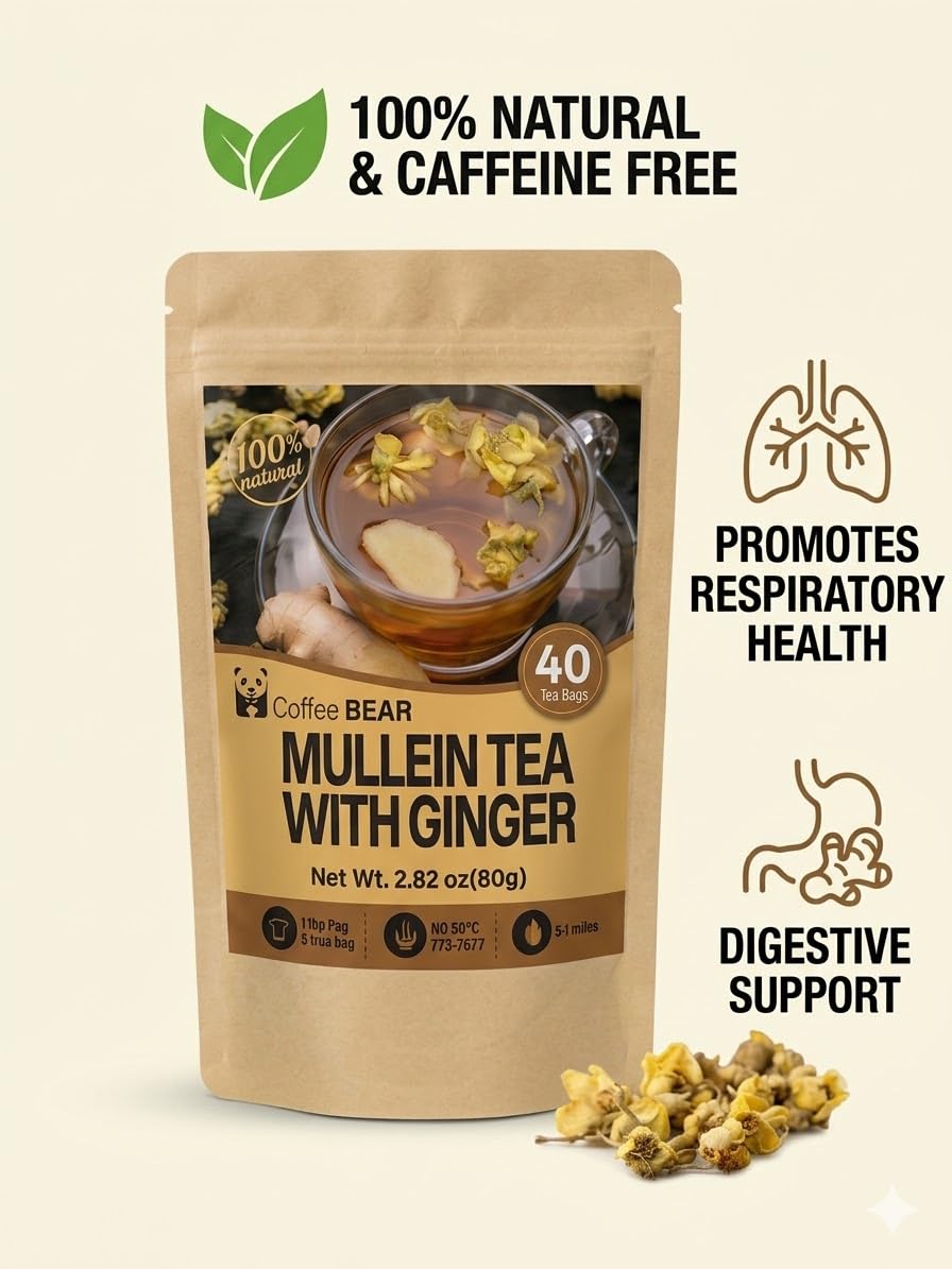 Mullein Tea with Ginger – 40 Tea Bags (2.82 oz) – Herbal Tea Blend for Lung & Respiratory Support – Caffeine-Free Natural Detox & Soothing Tea – Smooth Earthy Flavor