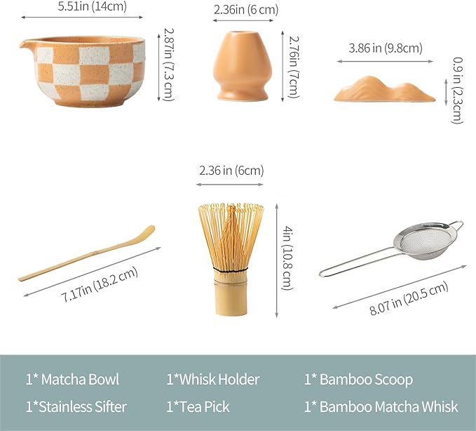 Premium 7-Piece Matcha Tea Set – Traditional Japanese Style with Elegant Grid Pattern, Includes Bamboo Whisk, Ceramic Bowl, Scoop & More
