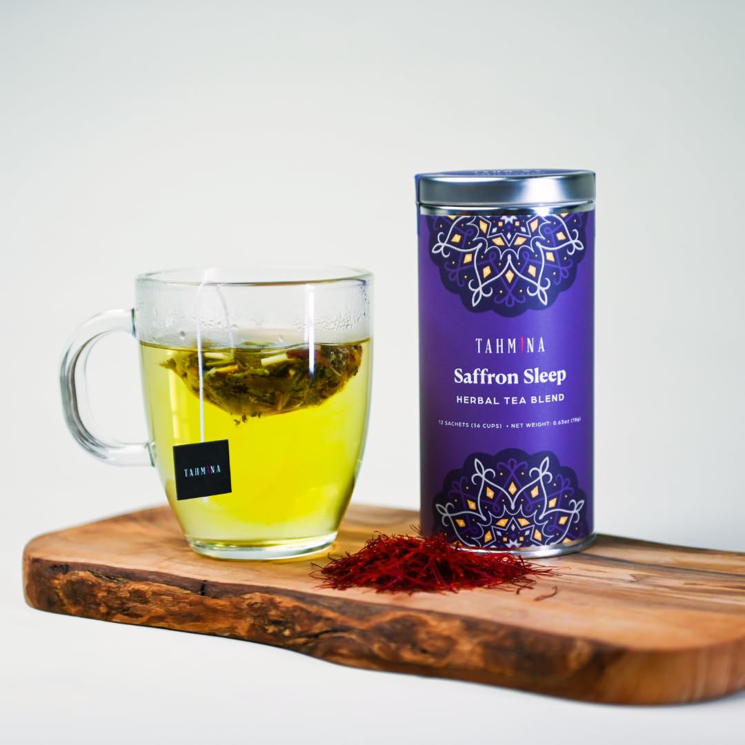 Tahmina Saffron Sleep Caffeine Free Tea: Soothing Chamomile and Lavender with Saffron, 12 Plastic-Free Pyramid Tea Bags, Makes 36 Cups of Tea (1 Pack)