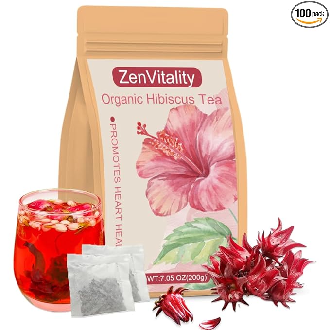 ZenVitality Premium Hibiscus Tea Organic 100 tea bags/7.05 Oz 100% Pure Dried Hibiscus Flower Supports Your Cardiovascular System/Liver health/Blood sugar balance/Antioxidant/Caffeine-free