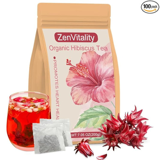 ZenVitality Organic Hibiscus Tea – 100 Tea Bags (7.05oz), 100% Pure Dried Hibiscus Flower, Caffeine-Free