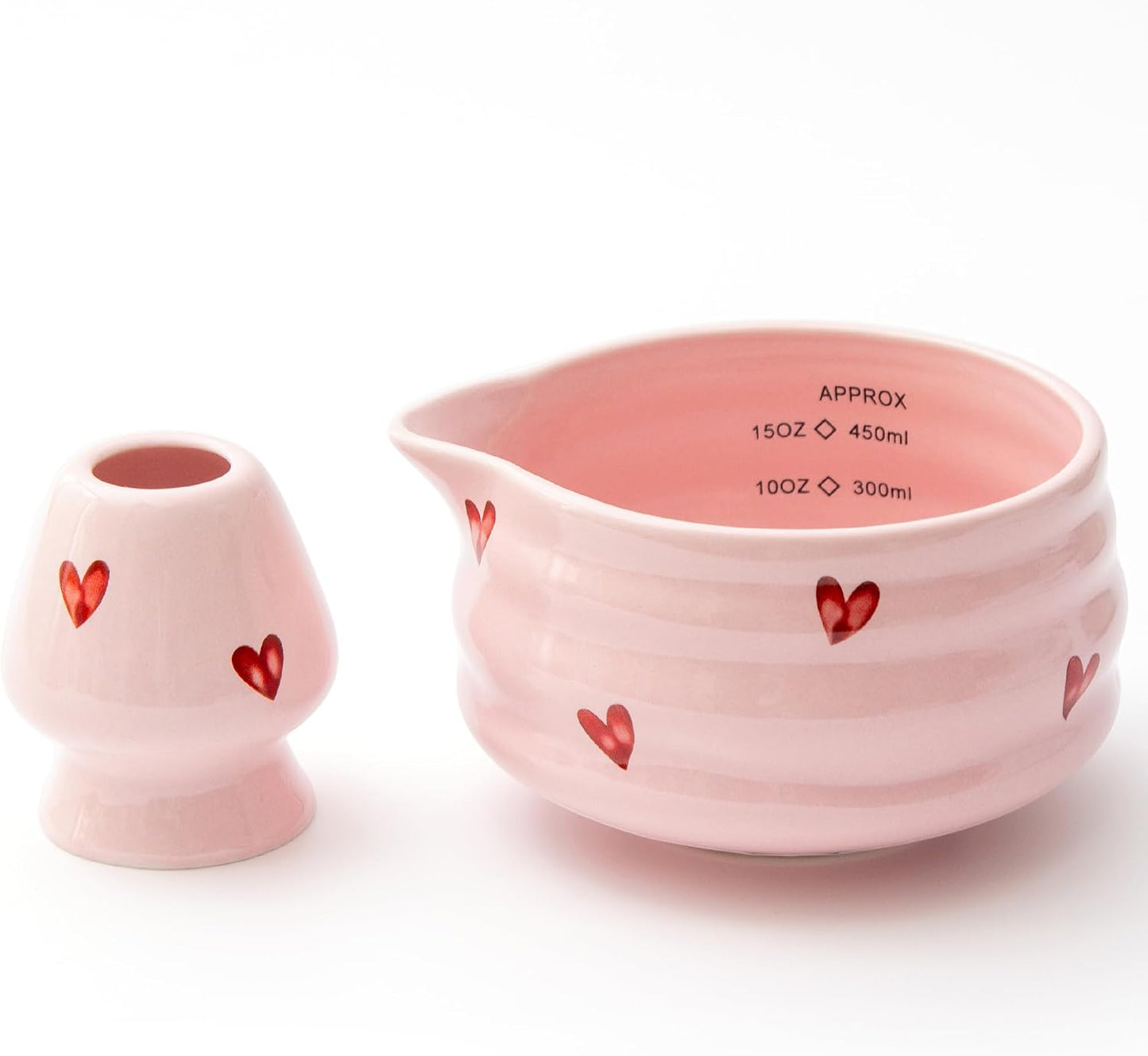 Ceramic Matcha Bowl with Bamboo Whisk Holder, Pink Love, Set of 2 | 16.5OZ Bowl with Spout and Measurement Marks, Japanese Tea Mixing Bowl with Whisk Stand, Matcha Gift Set, Ideal Gift Choice