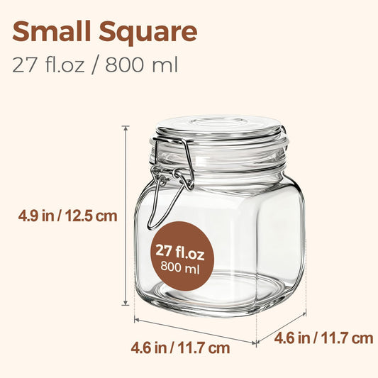 ComSaf Square Glass Pickling Jars 27 oz 6 Pack with Airtight Lids Pantry | Six matching canisters with labels, 3.3-inch wide mouth for pickles, sugar, dry herbs, coffee, tea, snacks and jam storage