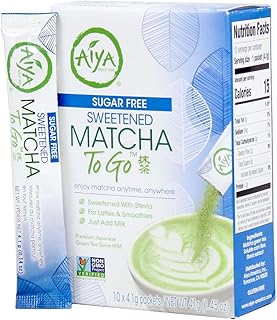 Aiya Sugar-Free Sweetened Matcha To Go Sticks - Stevia Sweetened Packets, Premium Japanese Matcha Powder, Gluten-Free - 10 Single-Serving Sticks