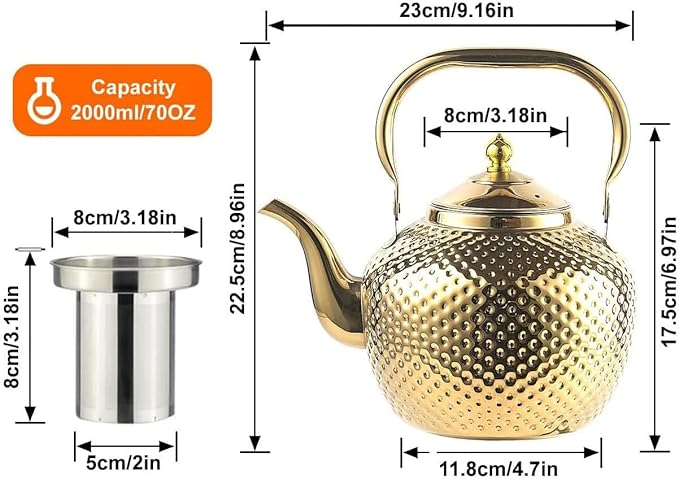 Sanqiahome 2000ml teapot with Infuser stainless steel Water Boilers lifting handle Tea Maker Water Kettle for Induction/Gas gold