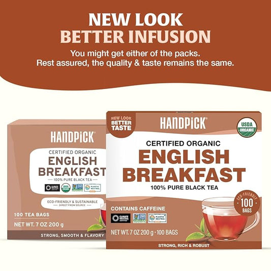 HANDPICK, Organic English Breakfast Black Tea Bags (100 Count) USDA Organic, Non-GMO | Strong, Robust, High-Caffeine Black Tea | Eco-conscious Tea Bags, Brew English Breakfast Tea & Kombucha Tea